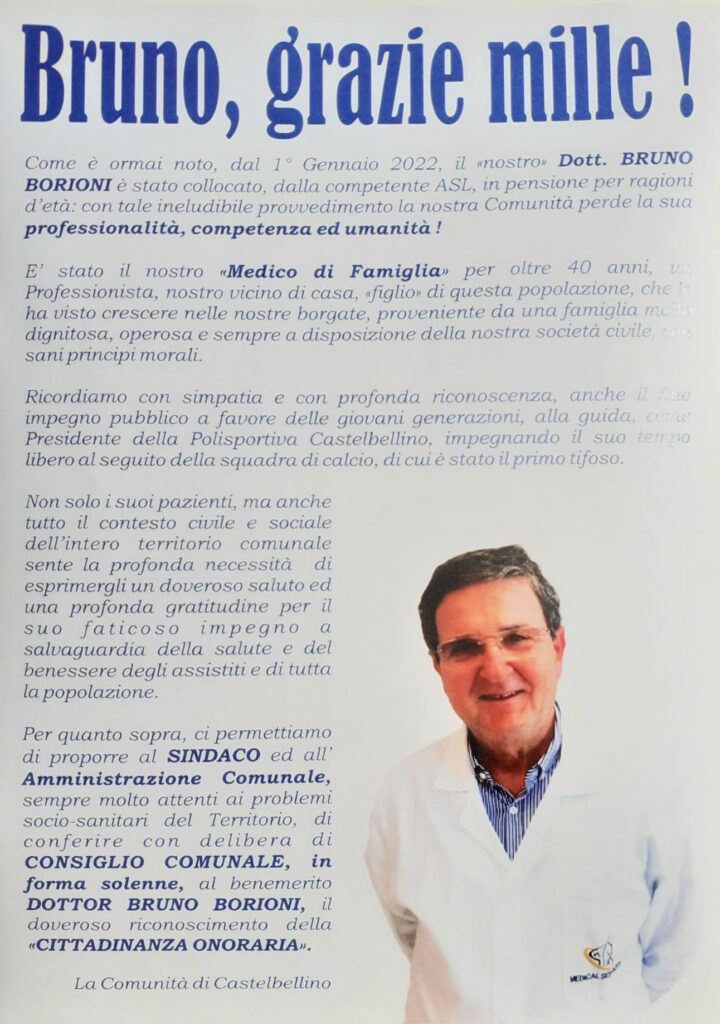 Ringraziamento a Bruno Borioni per il lavoro svolto come MMG per 42 anni